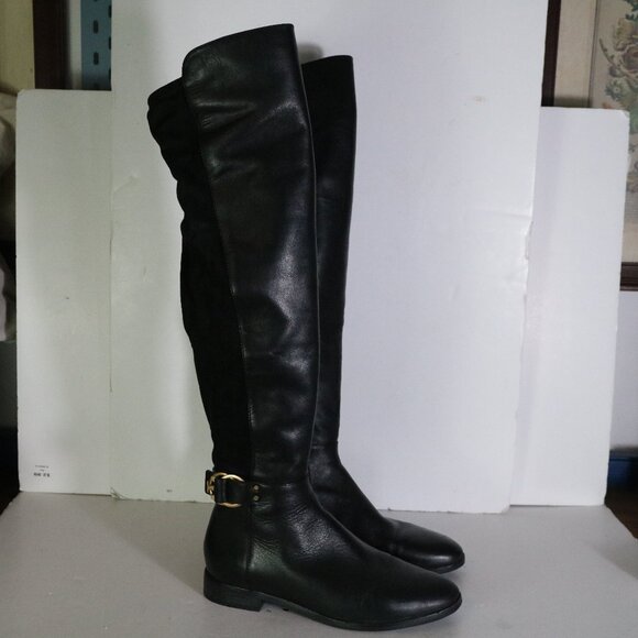 Tory Burch Marsden Over the Knee Boots Womens 7.5 Black Suede Leather Two Tone - Picture 2 of 11